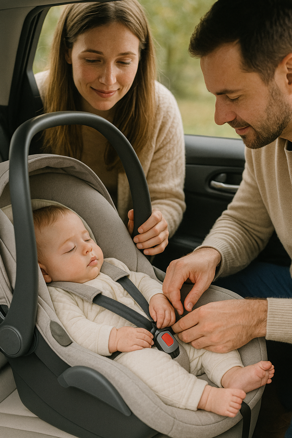 Eltern sichern Baby in Babyschale