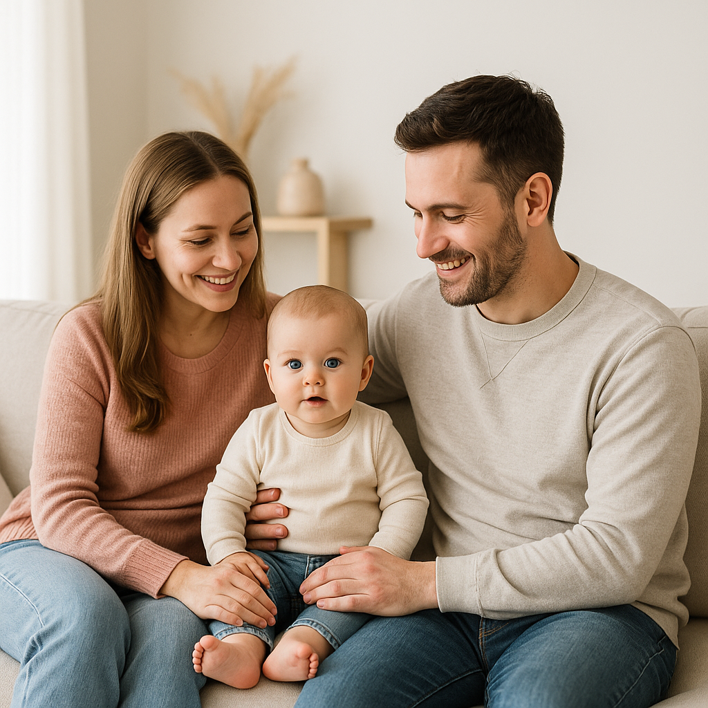 Familie kuschelt mit Neugeborenem