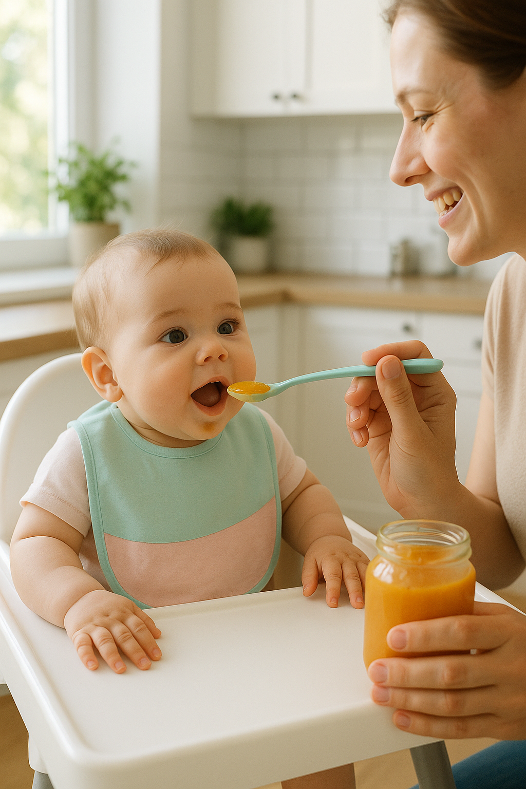 Baby im Hochstuhl mit Löffel