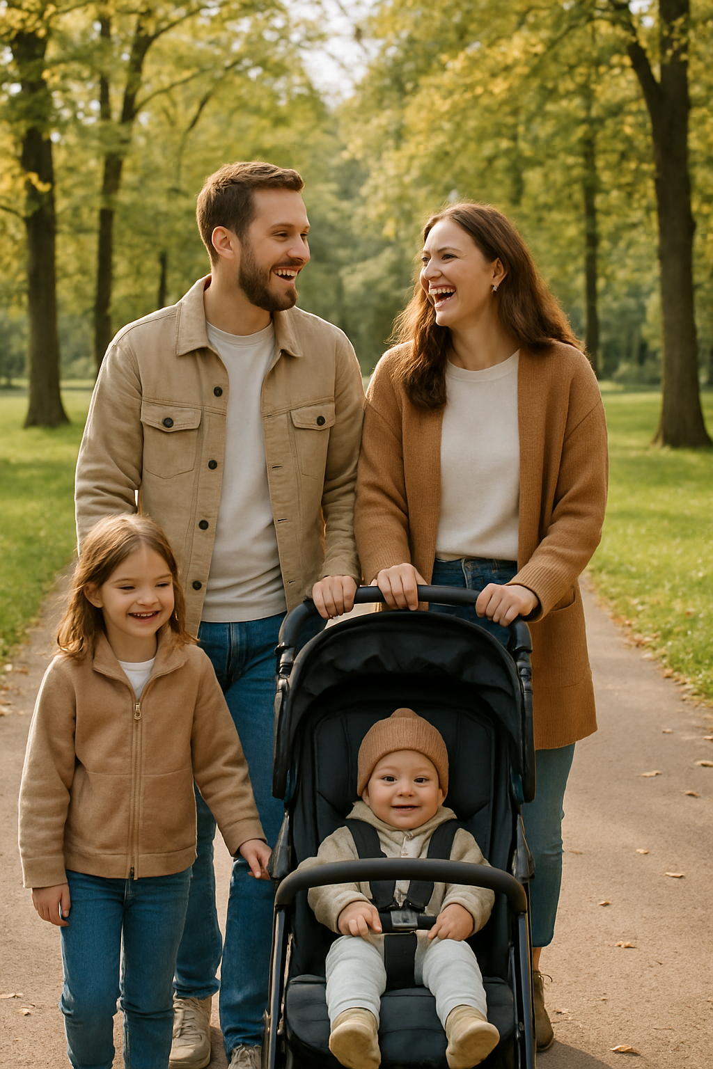 Familie mit Kinderwagen im Park
