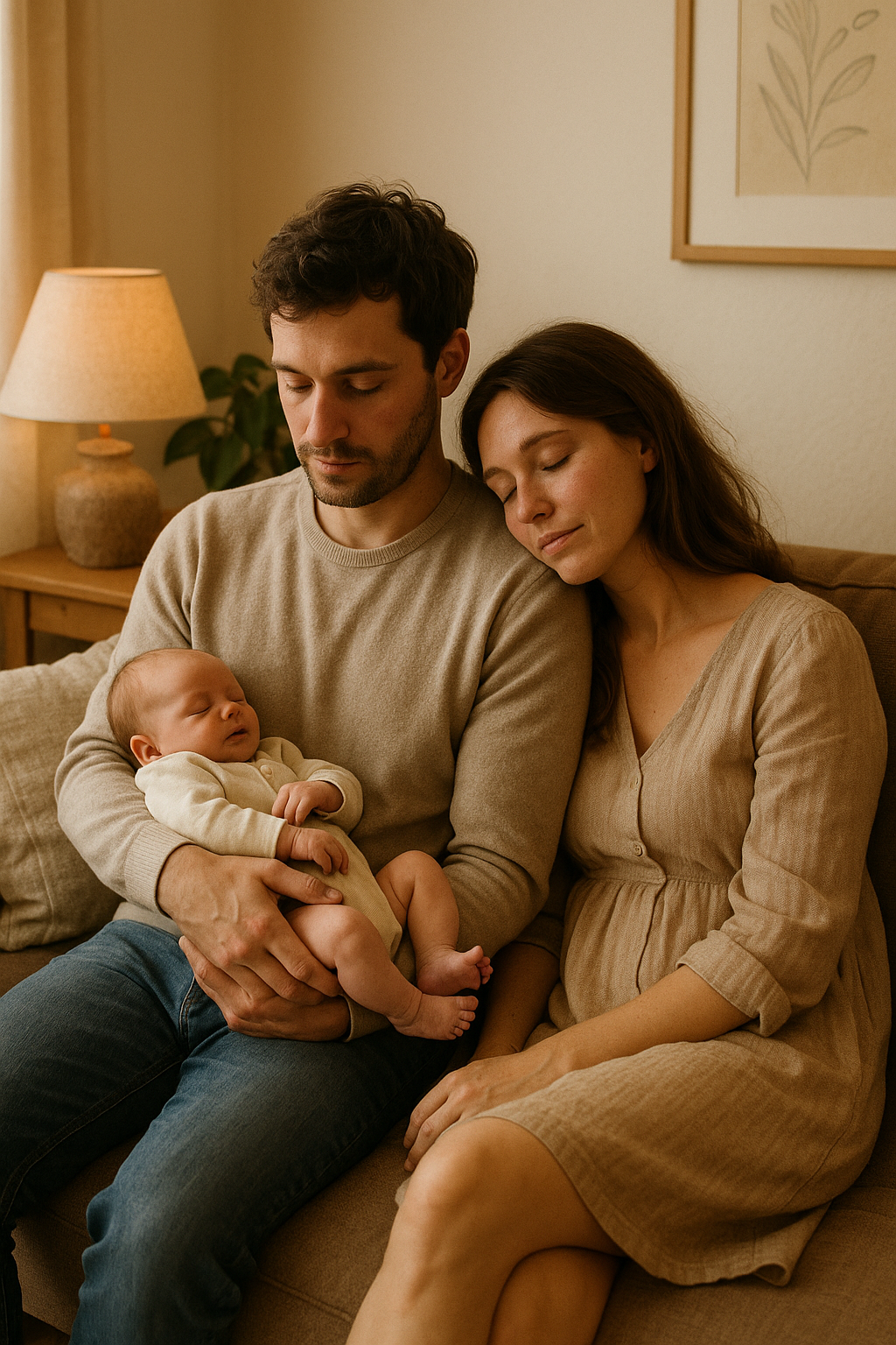 Vater hält Baby, Mutter ruht neben ihm