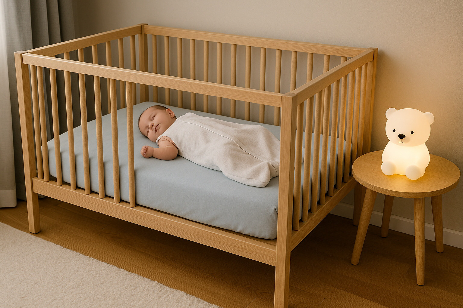 Schlafsack und Nachtlicht am Babybett